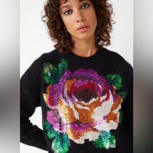 & Other Stories Black Sweater with Sequin Flower rose design